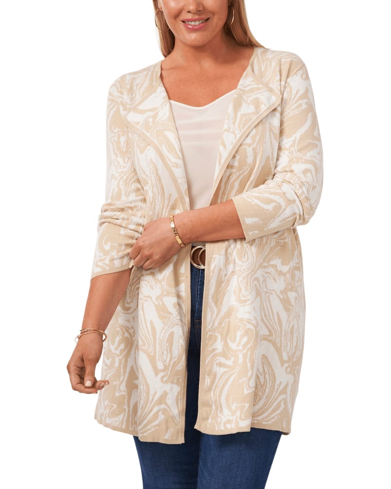 Front of a model wearing a size 1X Mila Open Front Swirl Cardigan in LT WHEAT by Vince Camuto. | dia_product_style_image_id:261429